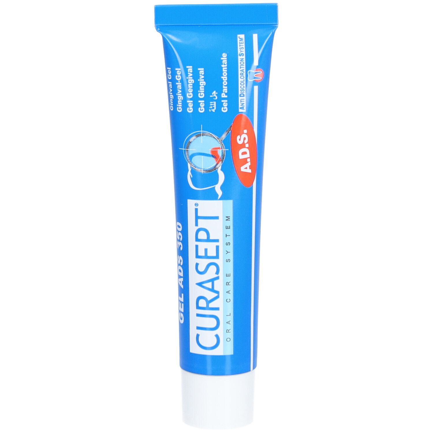 Blaue Tube mit weißem Verschluss. Aufschrift CURASEPT ADS 350, Gel Gingival. Roter Aufkleber mit A.D.S. und Logo.