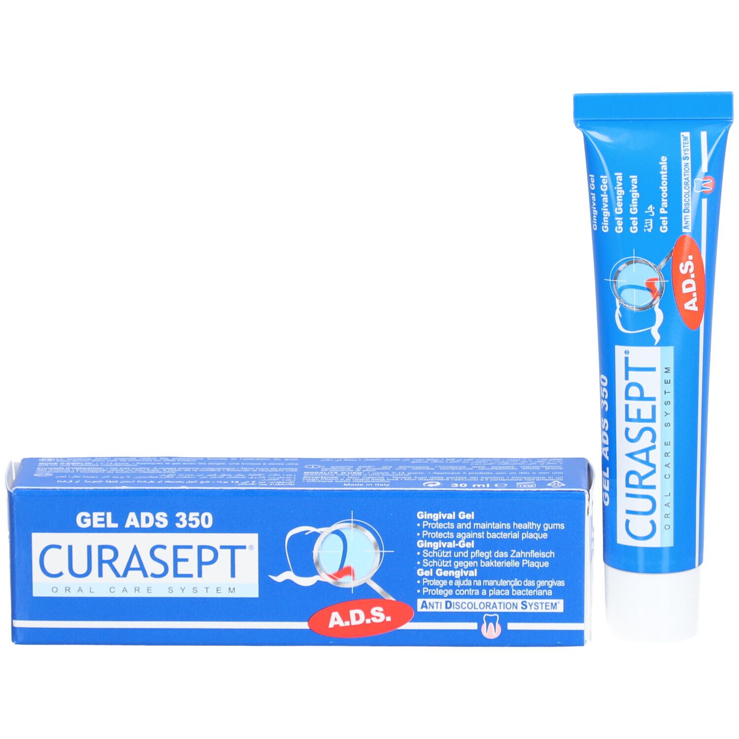 Produktverpackung und Tube. Blaue Schachtel und Tube mit CURASEPT ADS 350. Text in mehreren Sprachen. Roter A.D.S. Aufkleber.
