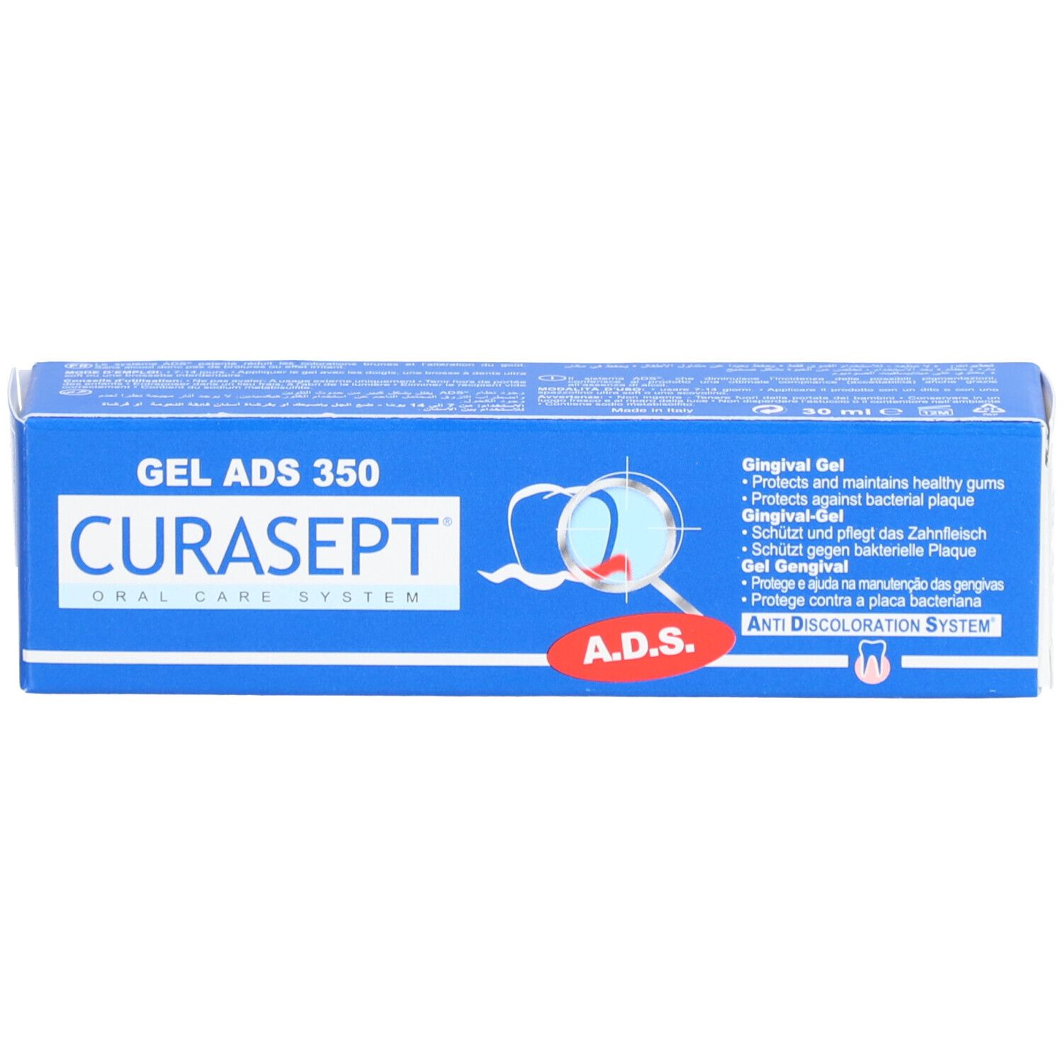Blaue Schachtel mit CURASEPT ADS 350. Text in mehreren Sprachen. Roter A.D.S. Aufkleber. Enthält Gel Gingival.