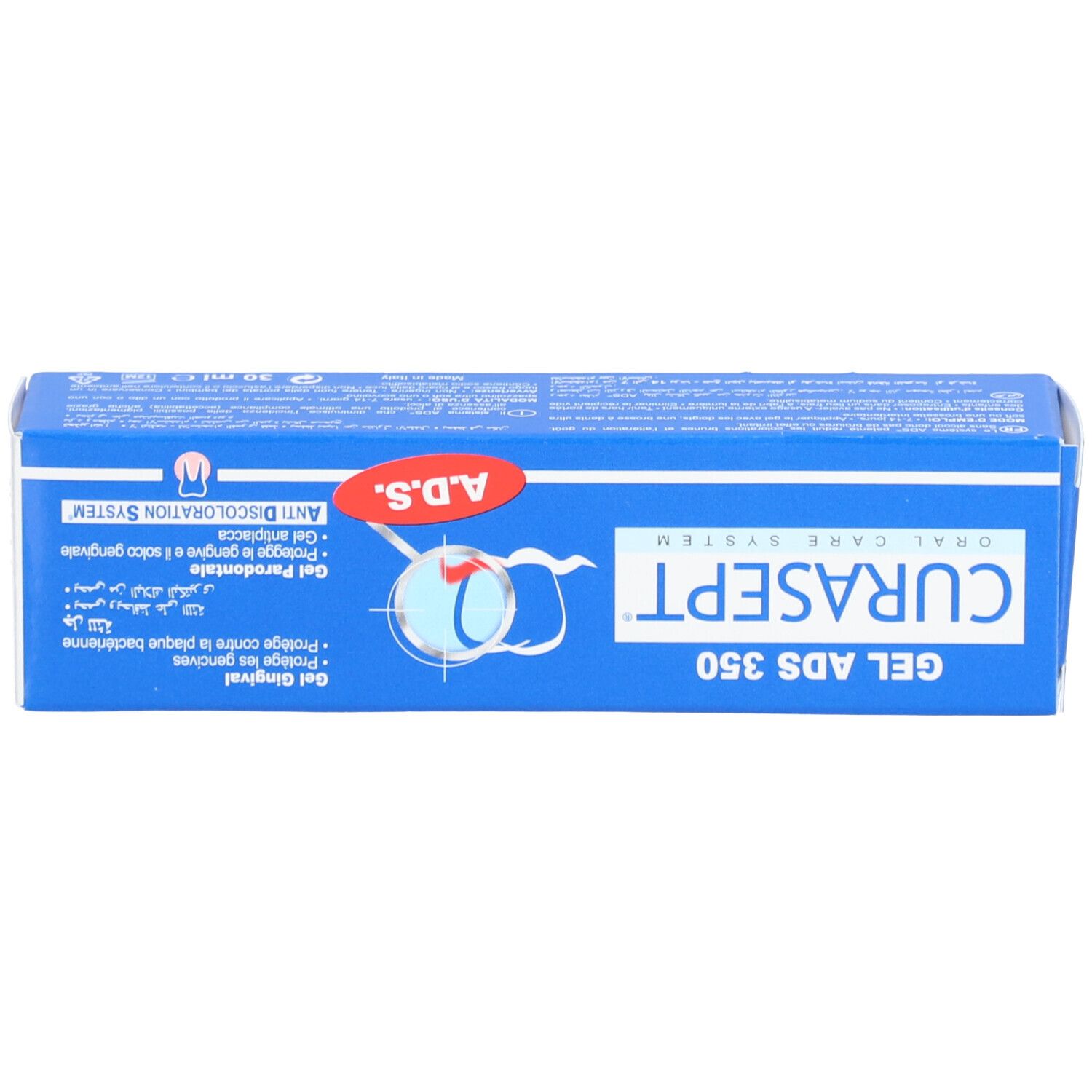 Blaue Schachtel mit CURASEPT ADS 350. Text in mehreren Sprachen. Roter A.D.S. Aufkleber. Enthält Gel Gingival.