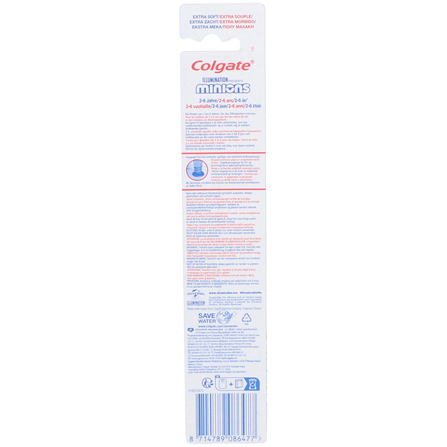 Dos de l'emballage de la brosse à dents COLGATE. Texte, logo Minions, informations, code-barres, consignes de recyclage.