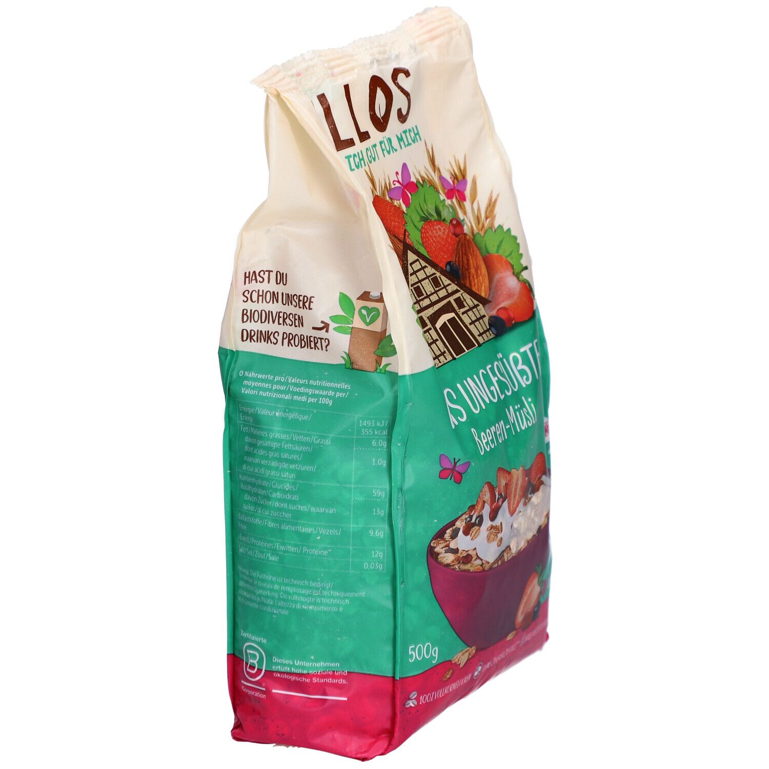 Verpackung mit Müsli. Seitenansicht. Aufschrift: ALLOS, Das Ungesüßte Beeren-Müsli. Mit Bio-Siegel und Vegan-Logo.
