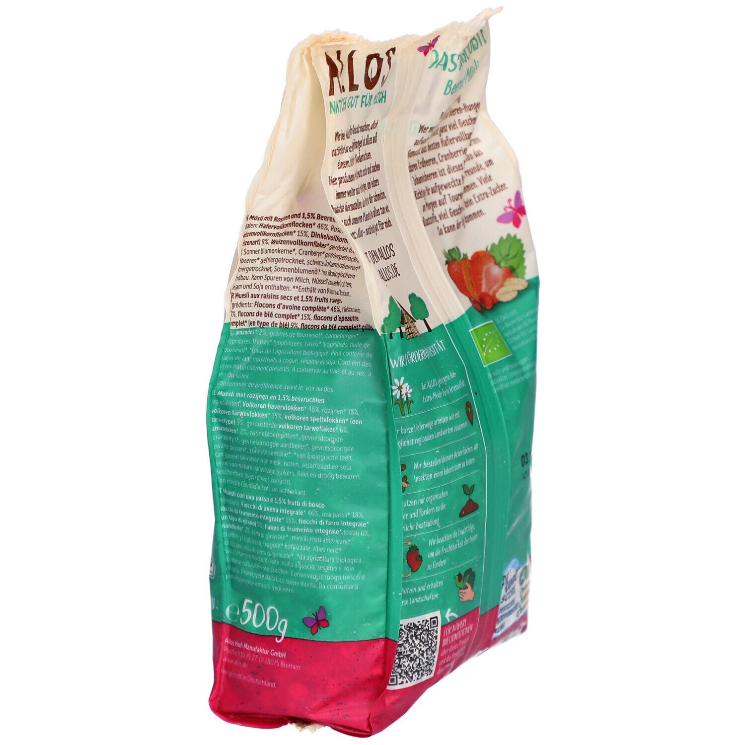 Müsli-Verpackung, Seitenansicht. Text und Logos. Bio-Siegel. Aufschrift: ALLOS, Das Ungesüßte Beeren-Müsli.