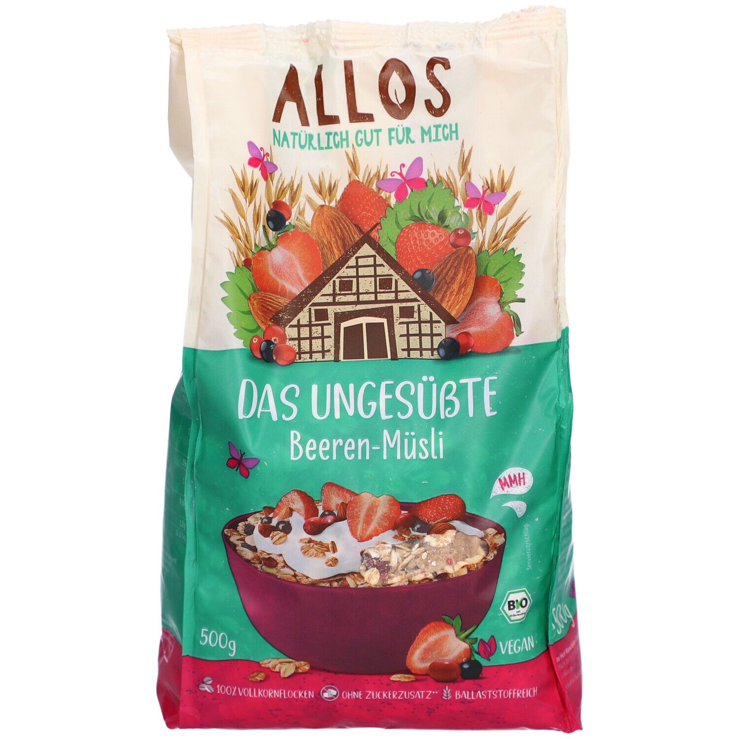 Verpackung mit Müsli. Aufschrift: ALLOS, Das Ungesüßte Beeren-Müsli. Abbildung von Beeren und Müsli in einer Schüssel. 500g.