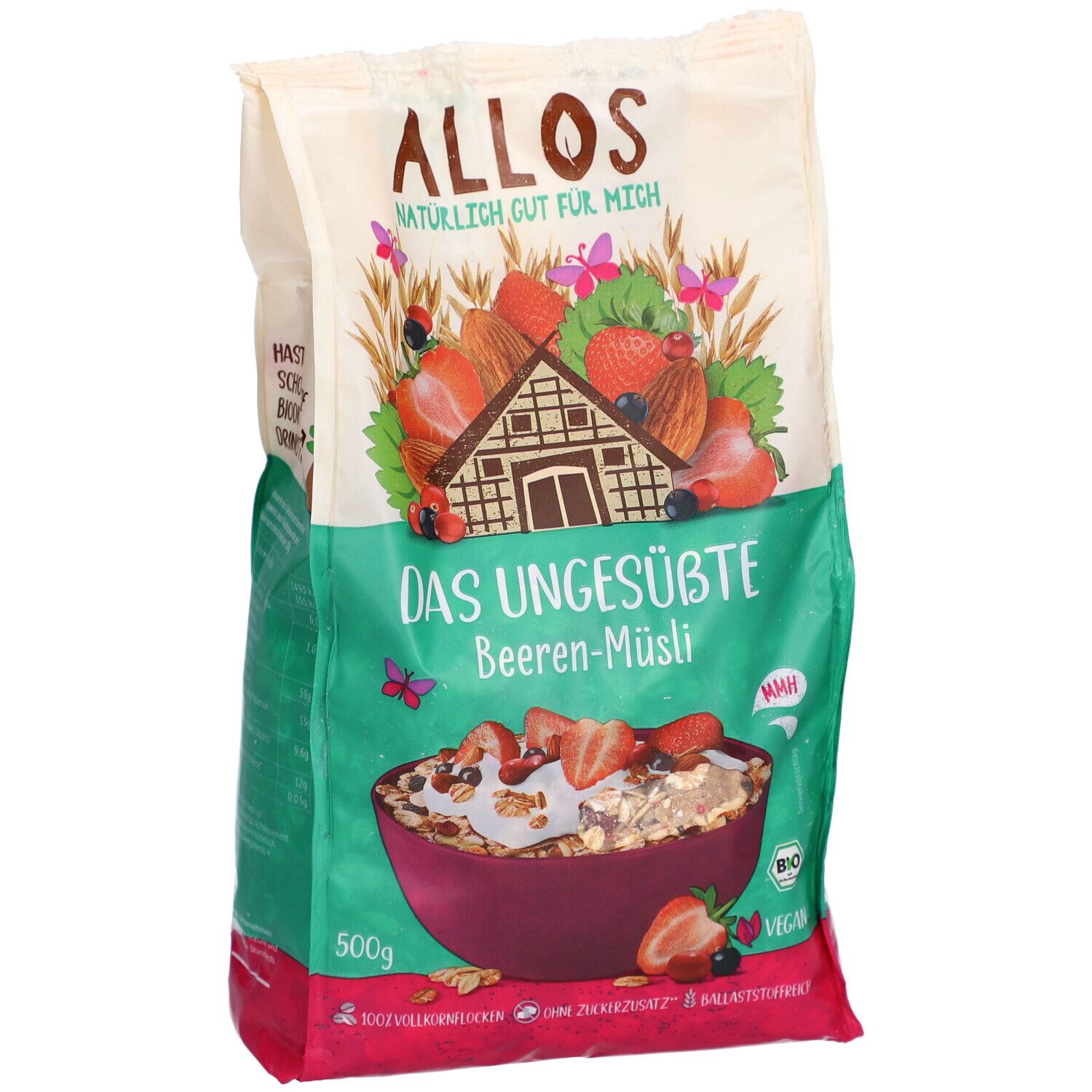 Verpackung mit Müsli. Aufschrift: ALLOS, Das Ungesüßte Beeren-Müsli. Abbildung von Beeren und Müsli in einer Schüssel. 500g.