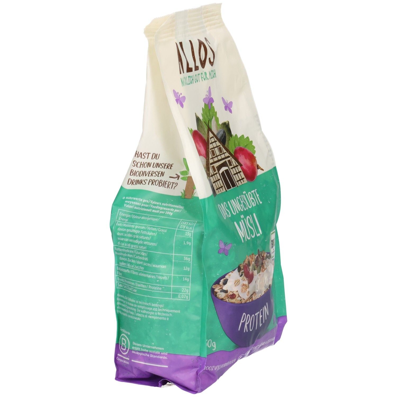 Seitenansicht der Verpackung von ALLOS Bio Protein Müsli ungesüßt. Grün-weiße Tüte mit Produktinformationen und Logo. Enthält Bio-Siegel.