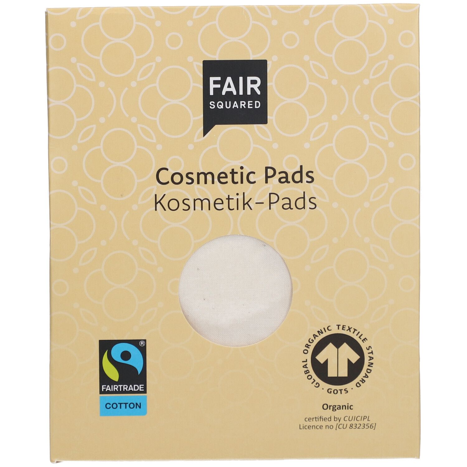 Verpackung mit Kosmetikpads. Logo FAIR SQUARED, Text: Cosmetic Pads, Kosmetik-Pads. Fairtrade-Siegel, GOTS-Zertifizierung.