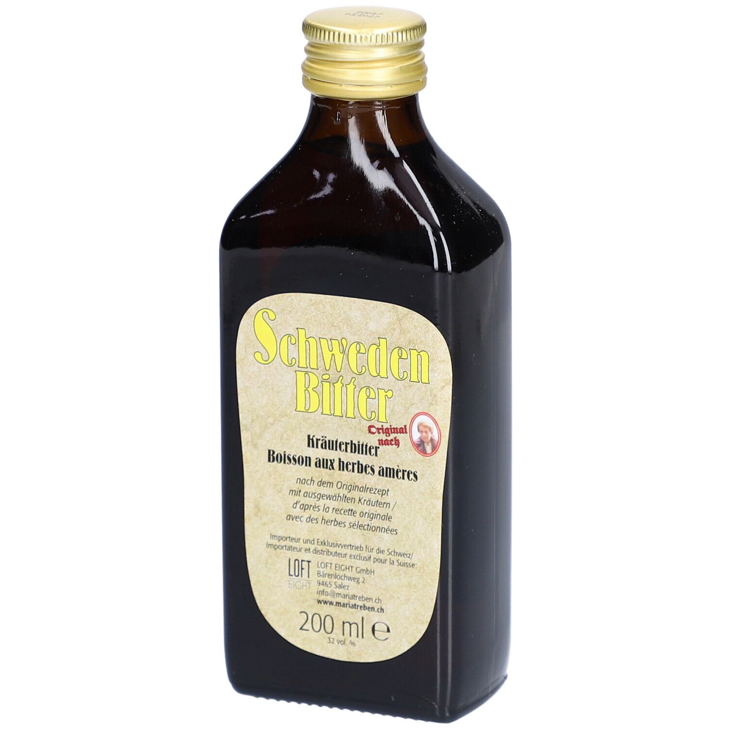 Bouteille en verre brun avec bouchon doré. Étiquette avec texte 'Schweden Bitter'.