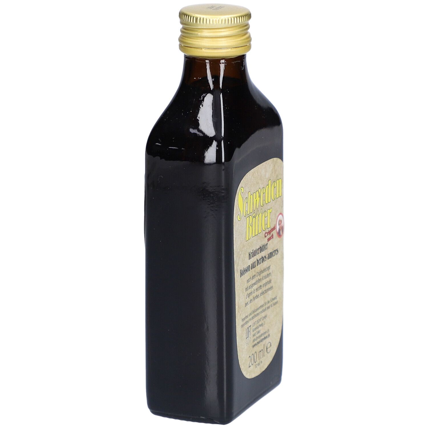 Bouteille en verre brun avec bouchon doré. Étiquette 'Schweden Bitter'. Vue en biais.