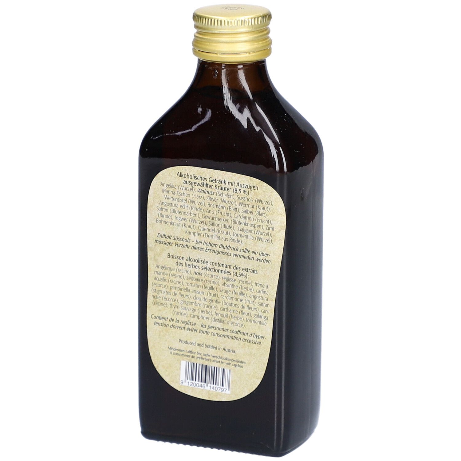 Dos d'une bouteille en verre brun. Étiquette avec texte sur les ingrédients et le fabricant.