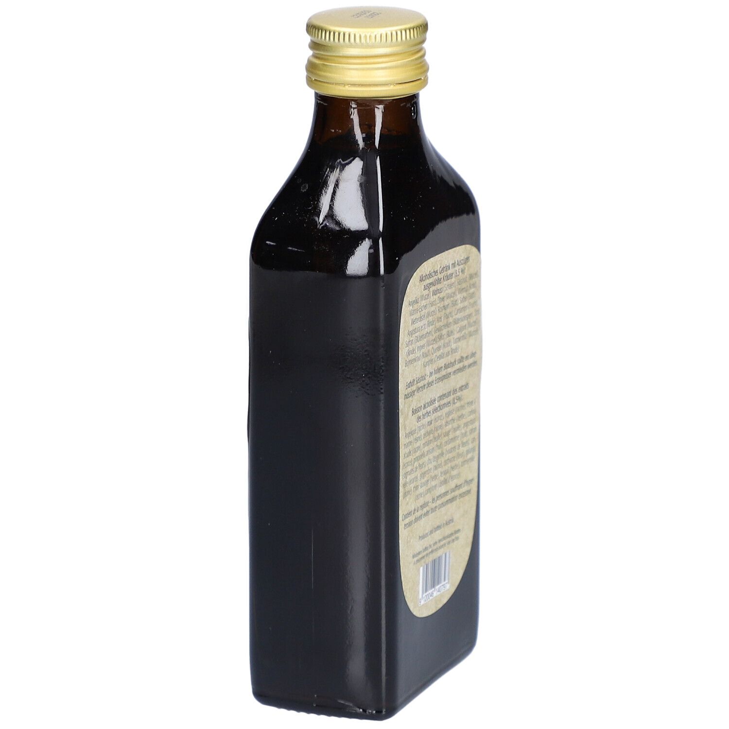 Vue oblique d'une bouteille en verre brun. Étiquette avec texte sur les ingrédients et le fabricant.