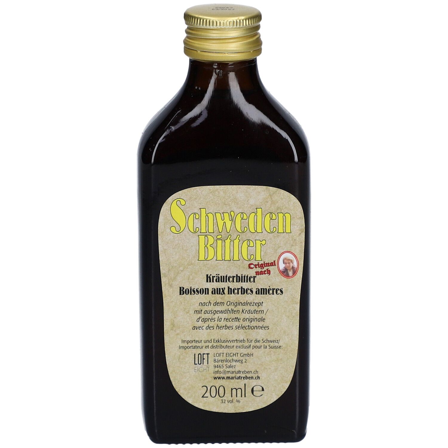 Bouteille en verre brun avec bouchon doré. Étiquette 'Schweden Bitter' et informations fabricant.