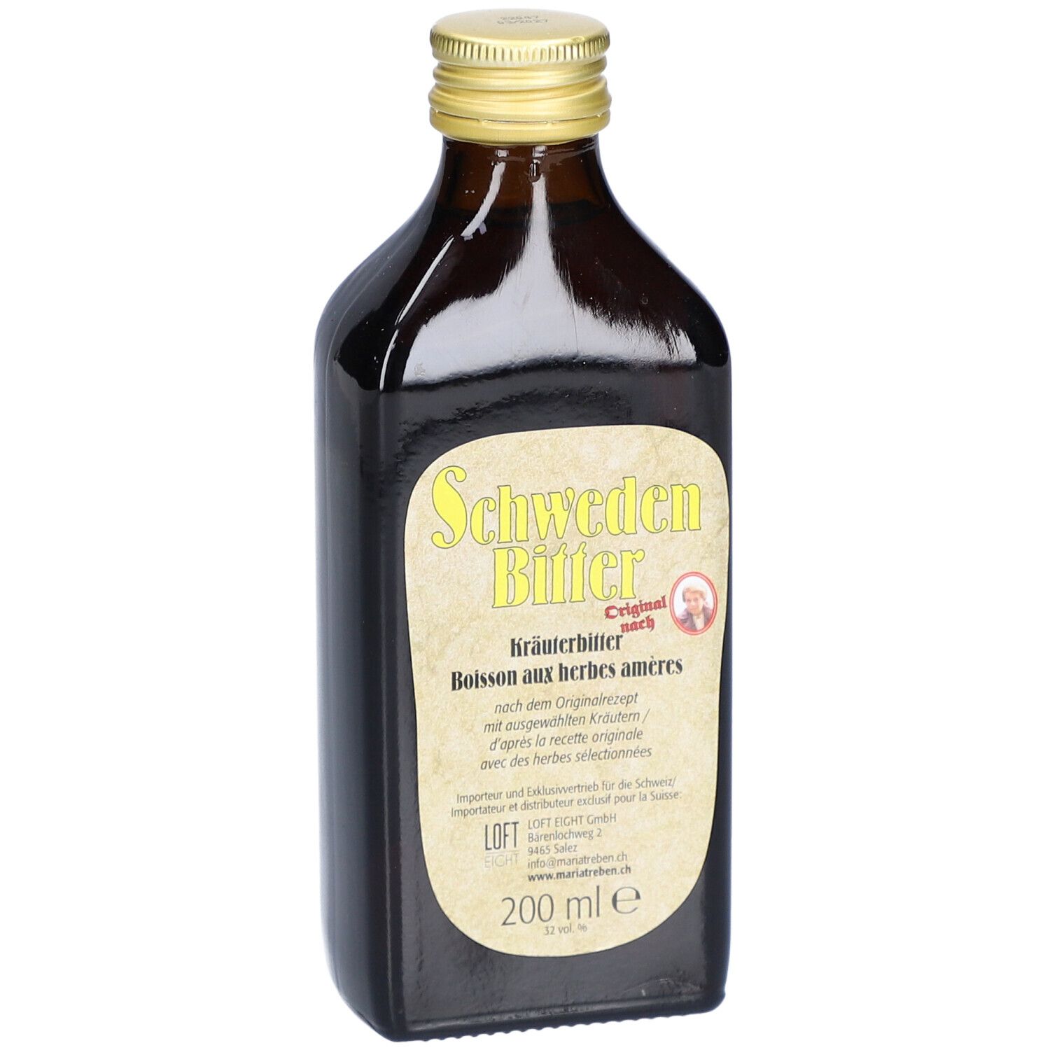 Bouteille en verre brun avec bouchon doré. Étiquette 'Schweden Bitter' et informations fabricant.