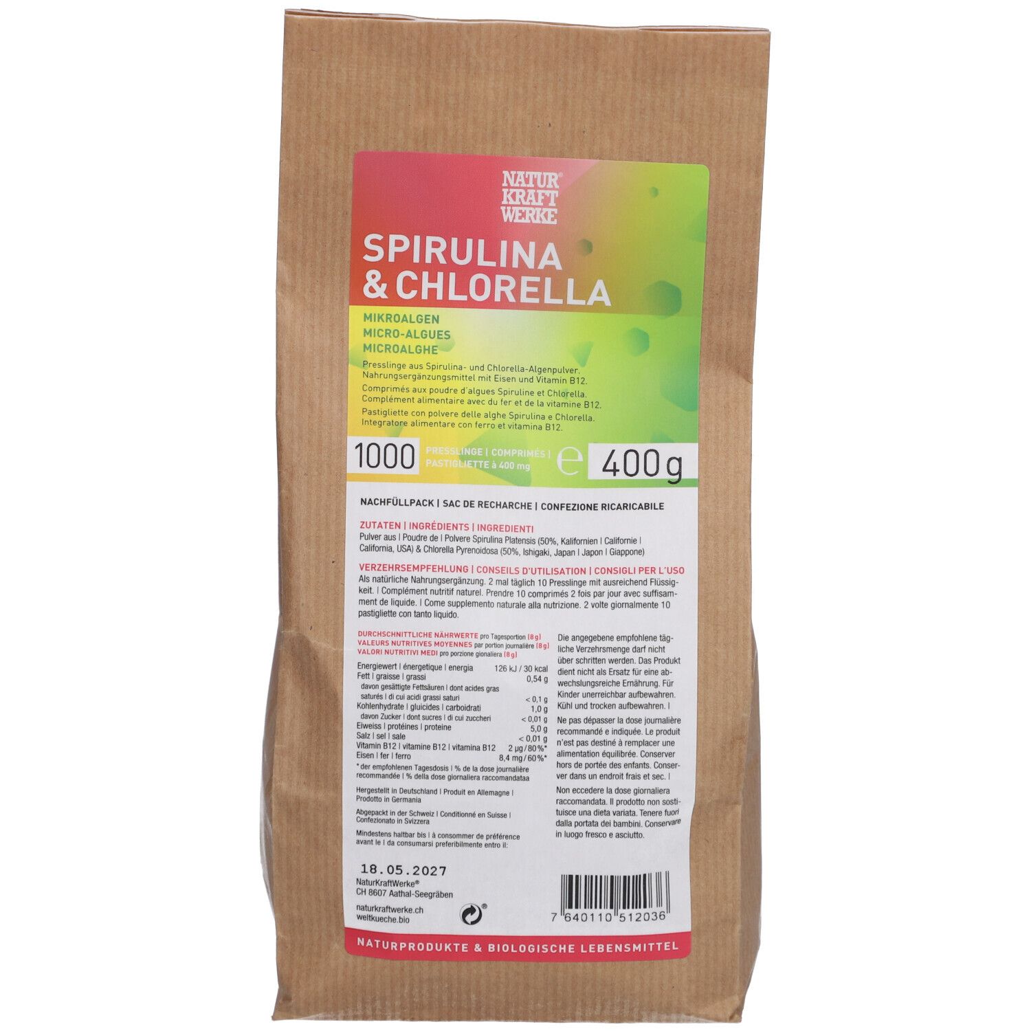 Sac en papier brun avec impression du produit Spiruline & Chlorella. Texte, logo et informations nutritionnelles.