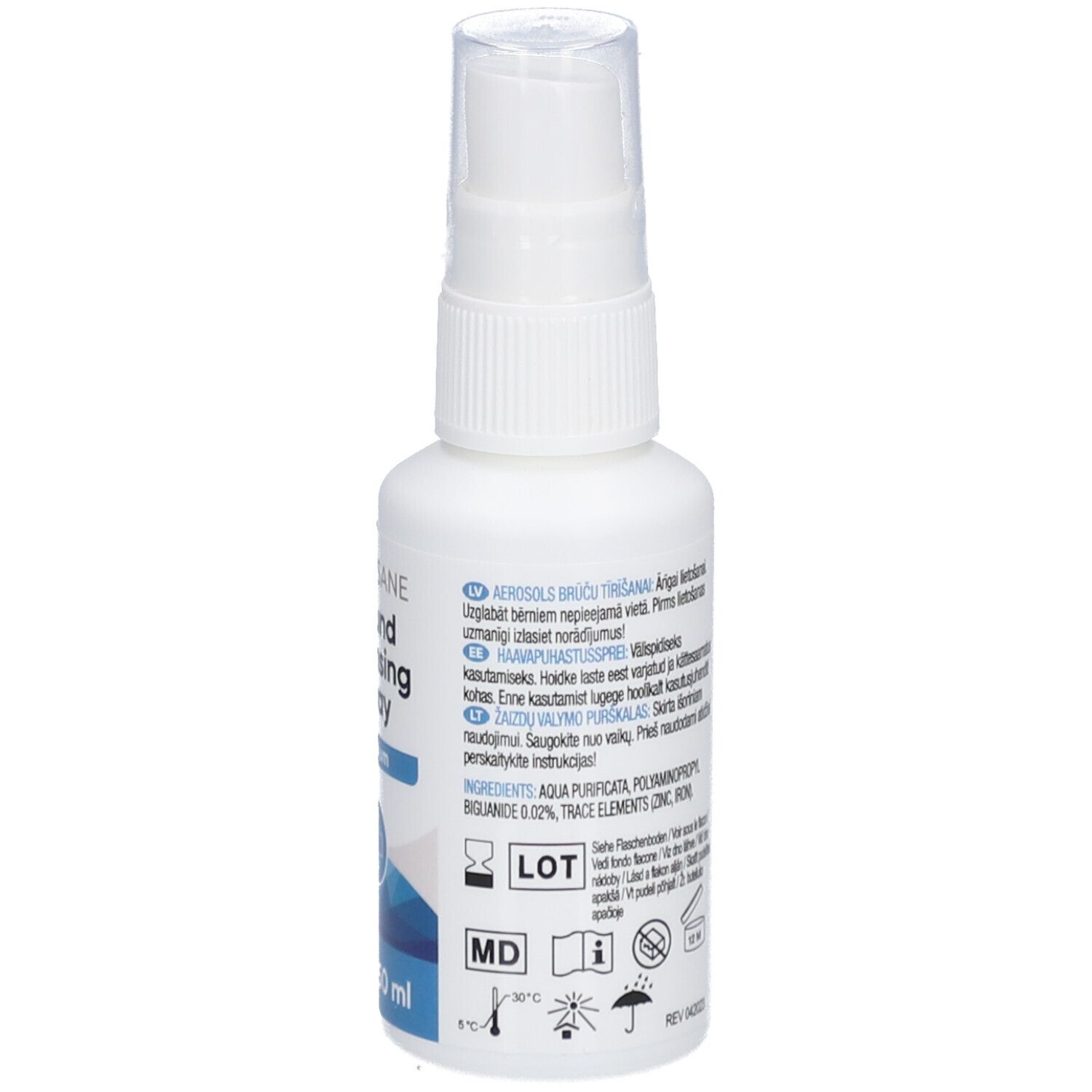 Weiße Sprühflasche mit transparentem Verschluss. Enthält 50 ml. Beschriftung mit Produktinformationen und Symbolen.