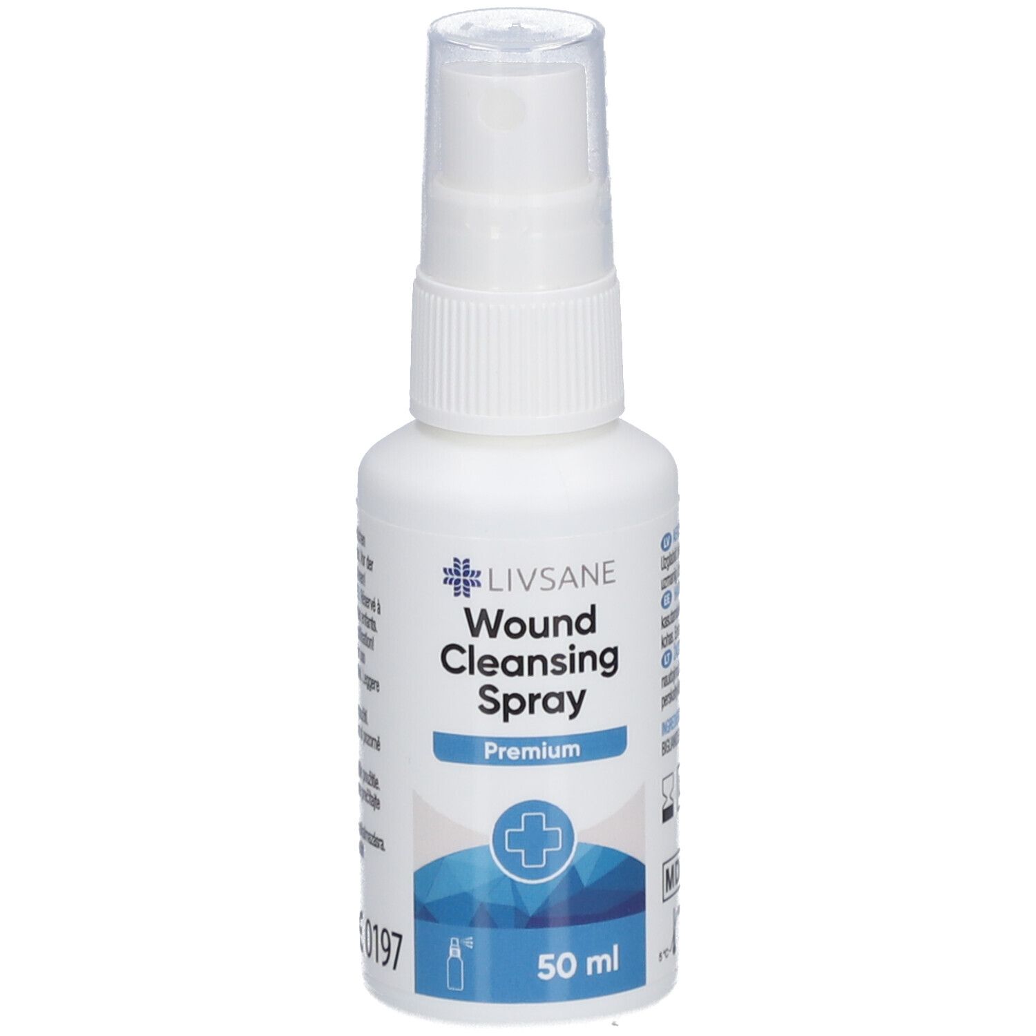LIVSANE Wundreinigungsspray, 50 ml, weiße Sprühflasche mit blauem Etikett und weißem Kreuzsymbol.