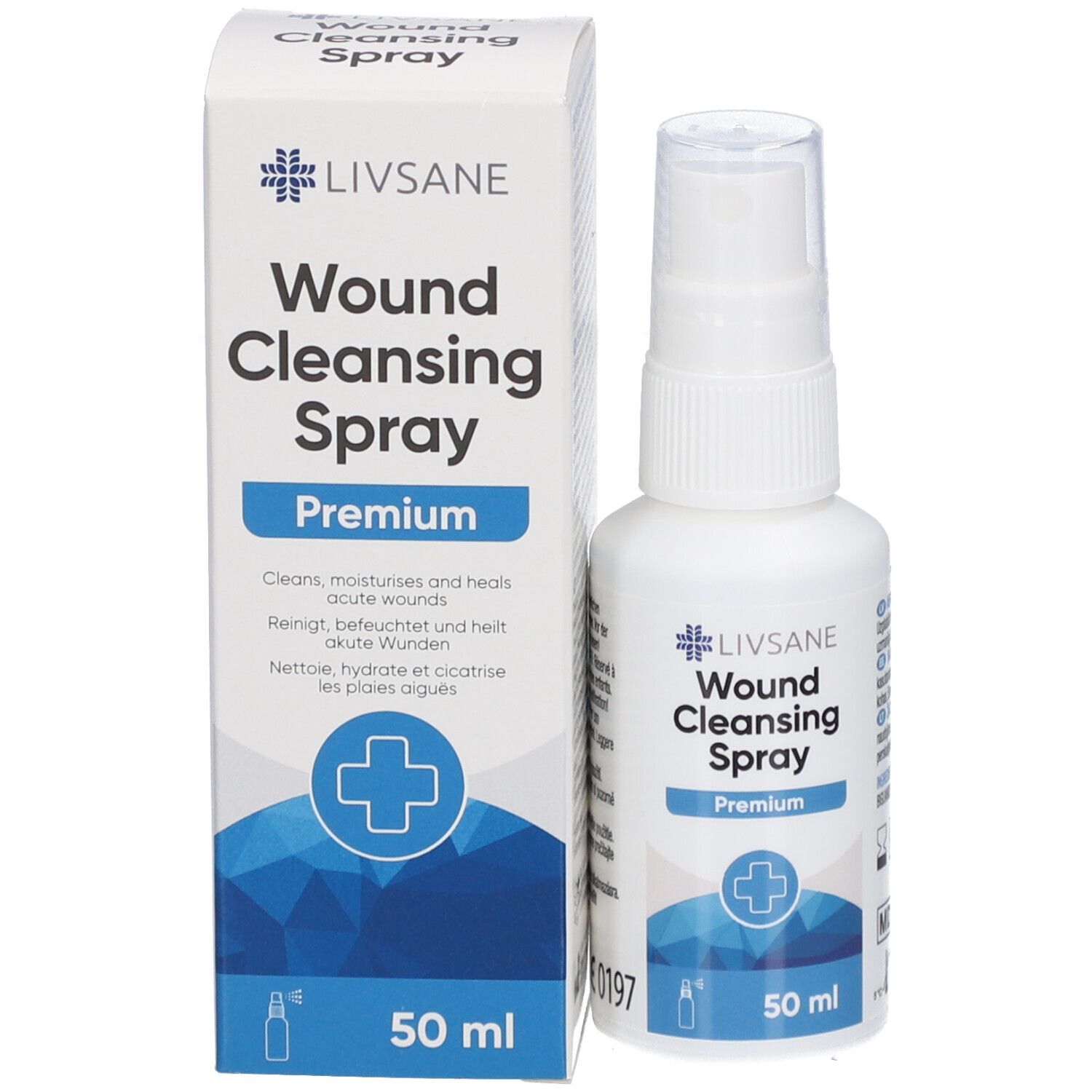 LIVSANE Wundreinigungsspray Premium, 50 ml Flasche mit Sprühkopf und Faltschachtel.