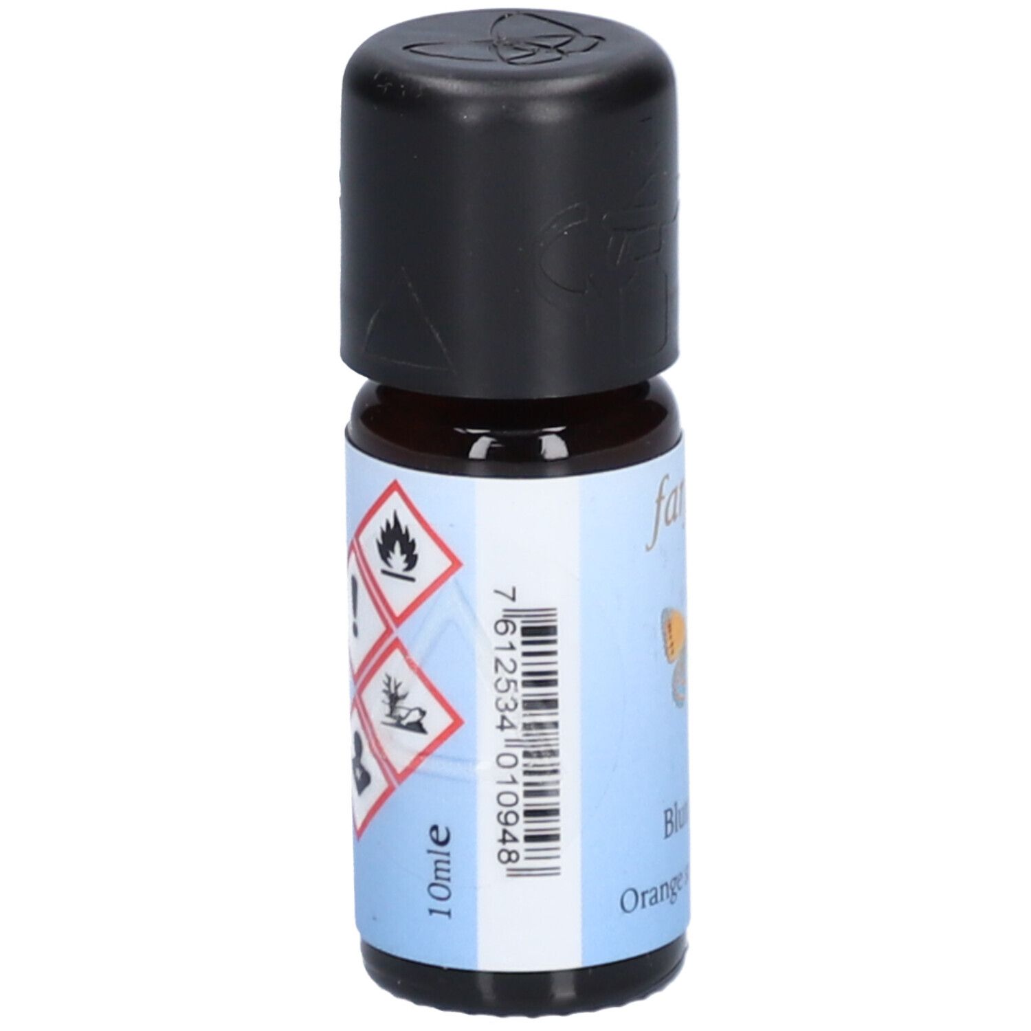Braune Glasflasche mit schwarzem Deckel. Etikett mit Gefahrensymbolen, Barcode und "10ml".