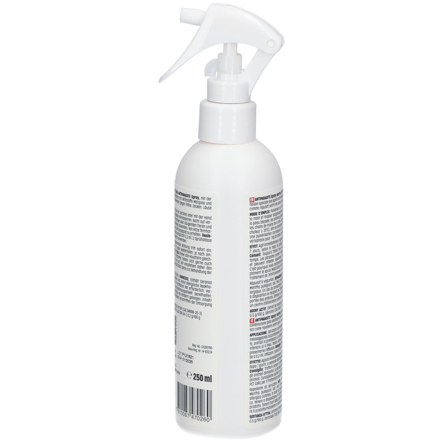 Weiße Sprühflasche mit Sprühkopf. Text in mehreren Sprachen. Aufschrift: 250 ml. Barcode.