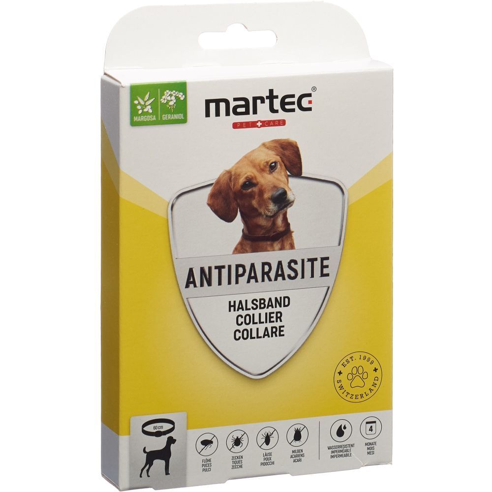 Emballage du collier antiparasitaire martec Pet Care. Impression : chien, texte, logo, antiparasitaire, collier, collare.