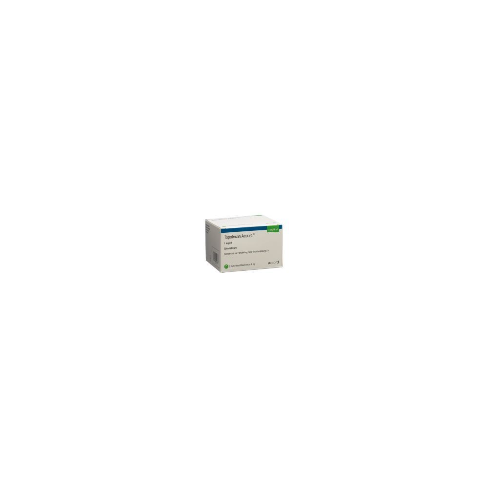 Kartonverpackung mit Produktinformationen. Aufschrift: Topotecan Accord. Grün-weiße Farbgebung. Fünf Stück.