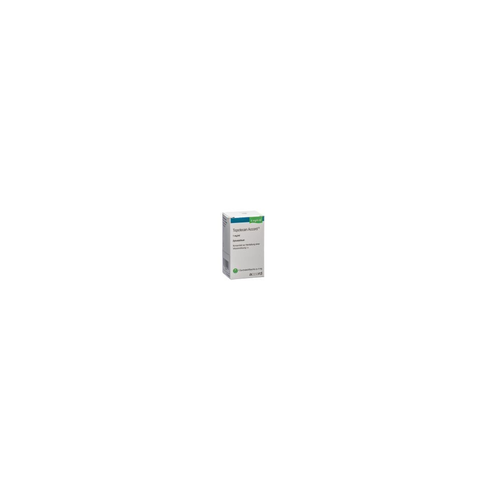 Karton mit Produktinformationen. Text: Topotecan Accord Inf Konz 4 mg/4ml Durchstf. Grün-weiße Verpackung.