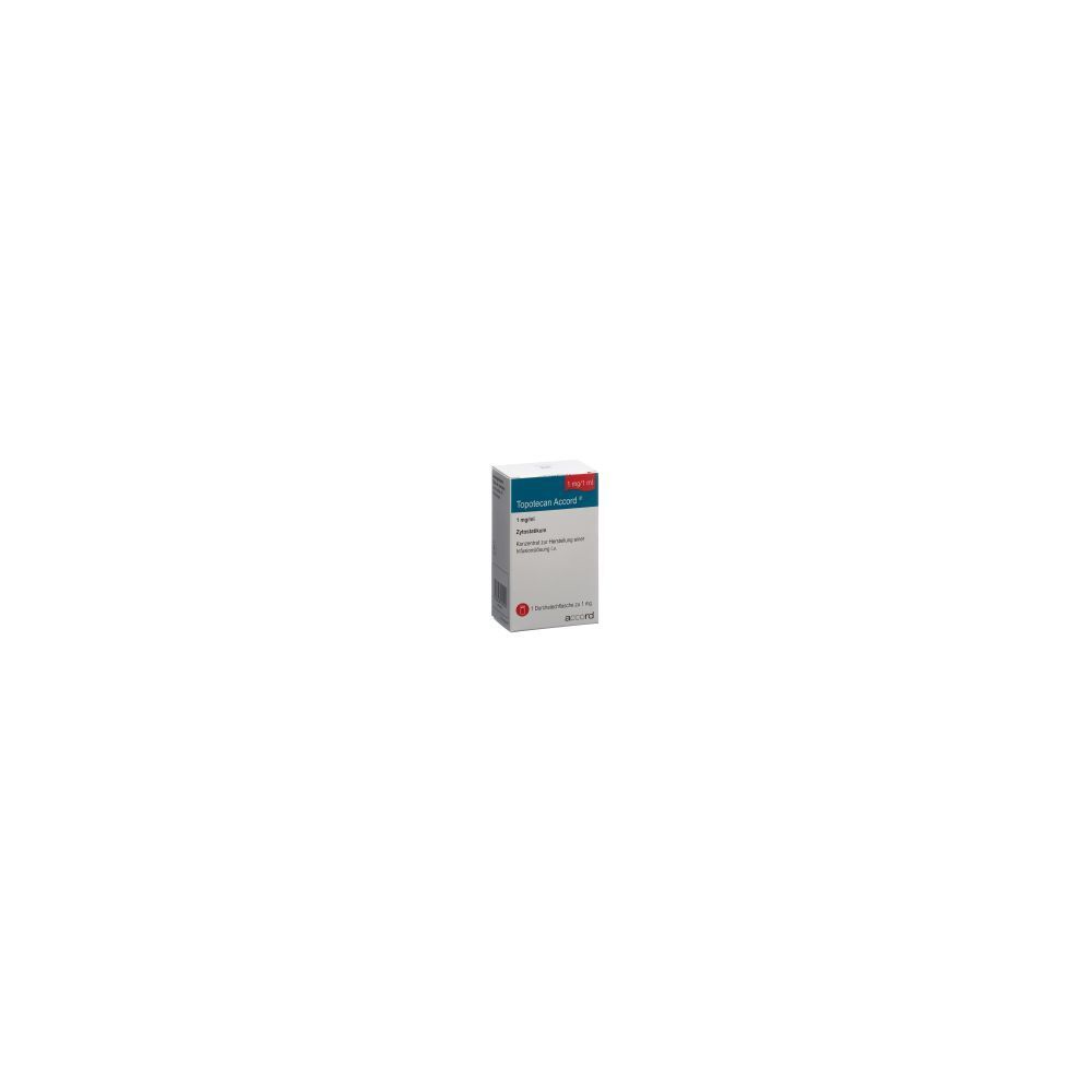 Kartonverpackung mit rotem und blauem Akzent. Beschriftung: TOPOTECAN Accord Inf Konz 1 mg/ml Durchstf. Weitere Textinformationen auf der Verpackung.