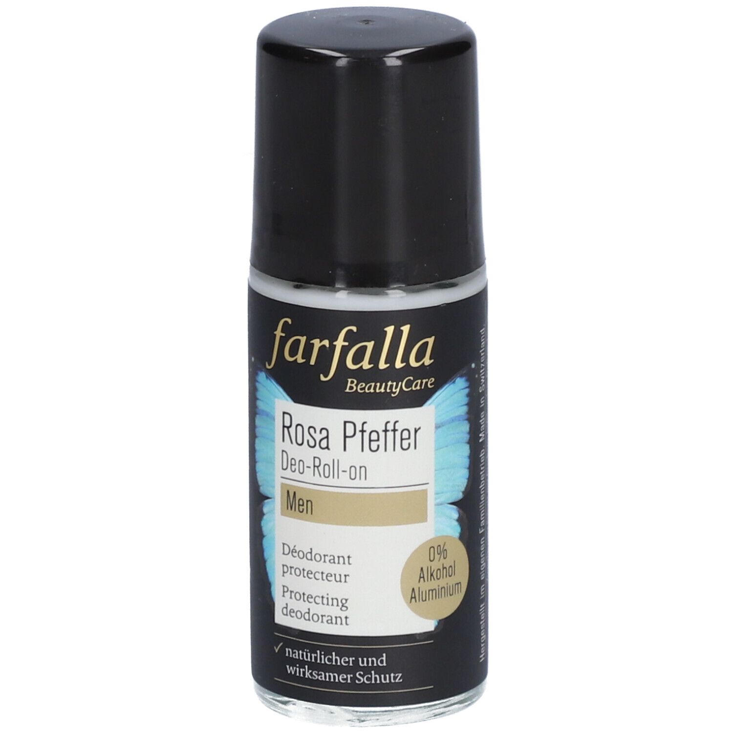 Deo-Roll-on mit schwarzem Deckel. Aufschrift: farfalla, Rosa Pfeffer, Deo-Roll-on, Men. 0% Alkohol, Aluminium.