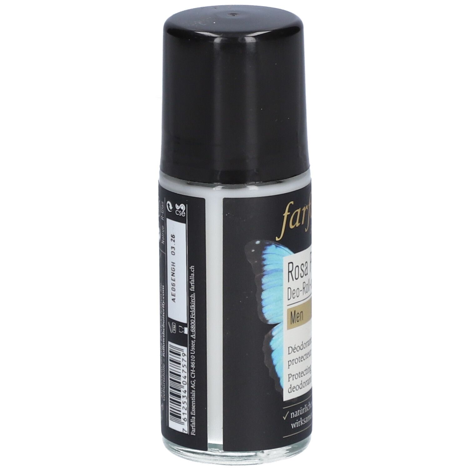 Deo-Roll-on, Seitenansicht. Schwarzer Deckel, weiße Flüssigkeit. Aufschrift: farfalla, Rosa Pfeffer, Men. Barcode.