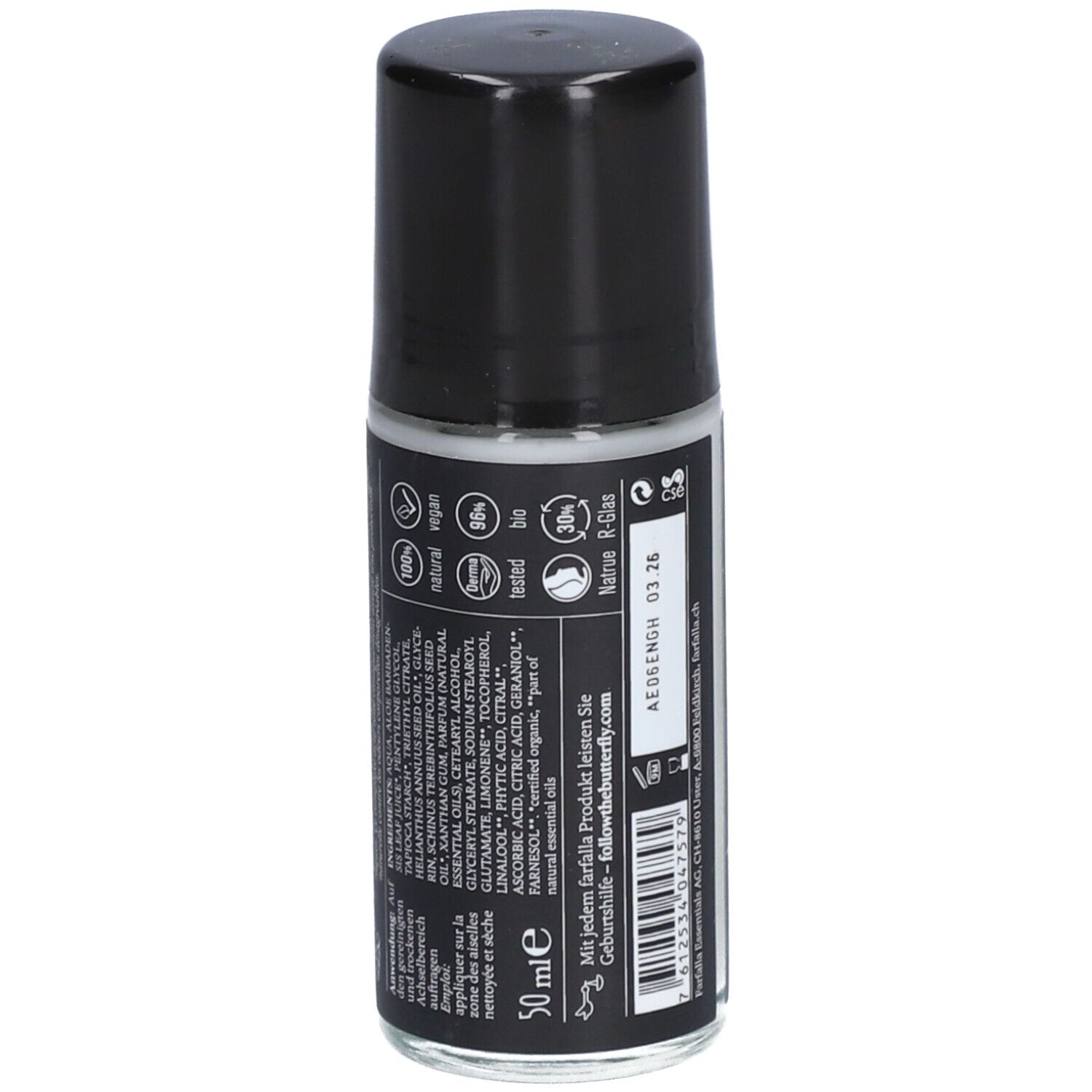 Deo-Roll-on, Rückseite. Schwarzer Deckel, weiße Flüssigkeit. Aufschrift: Inhaltsstoffe, 50 ml, Zertifizierungen.