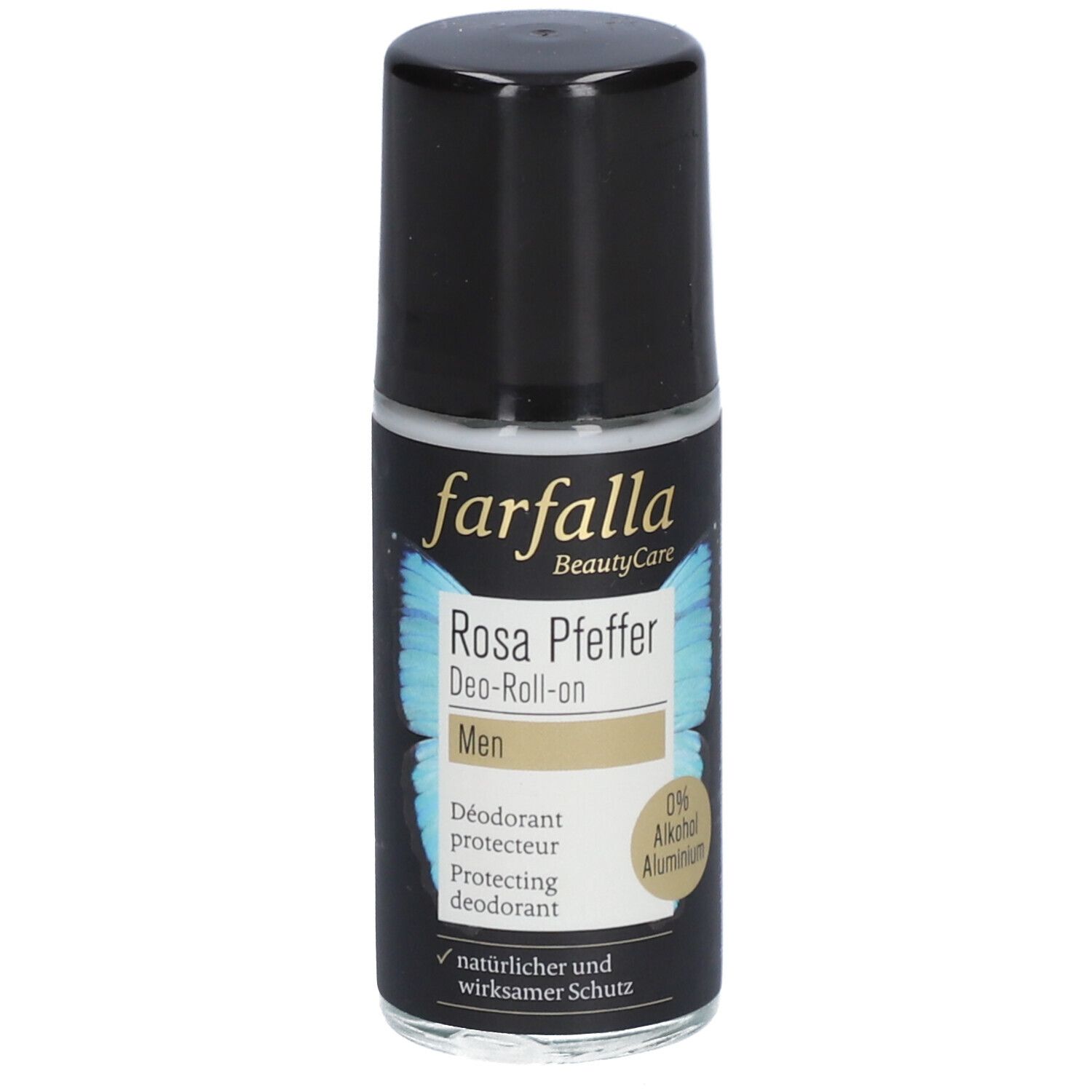 Deo-Roll-on mit schwarzem Deckel. Aufschrift: farfalla, Rosa Pfeffer, Deo-Roll-on, Men. 0% Alkohol, Aluminium.