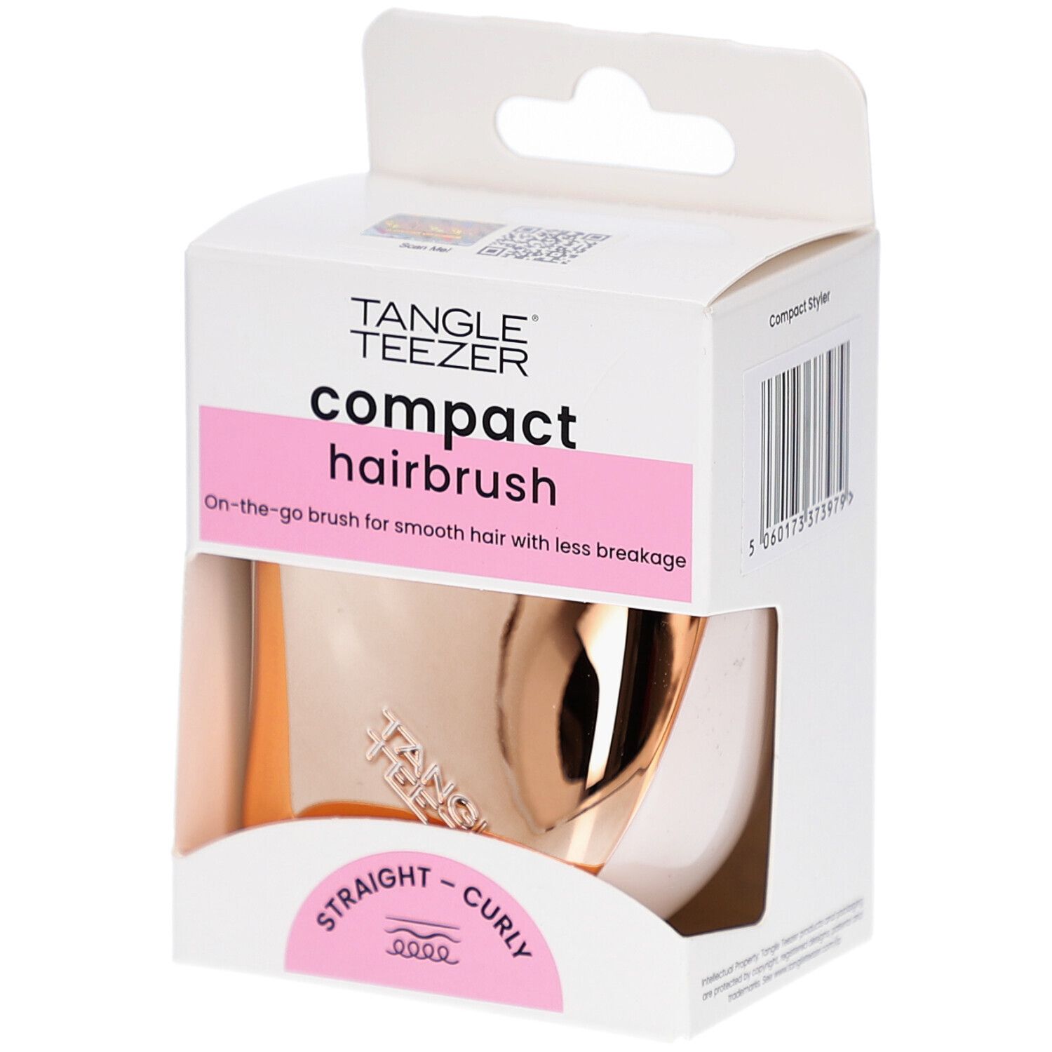 Kompakte Haarbürste in Verpackung. Marke TANGLE TEEZER. Rosa und goldfarben. Für glattes und lockiges Haar.