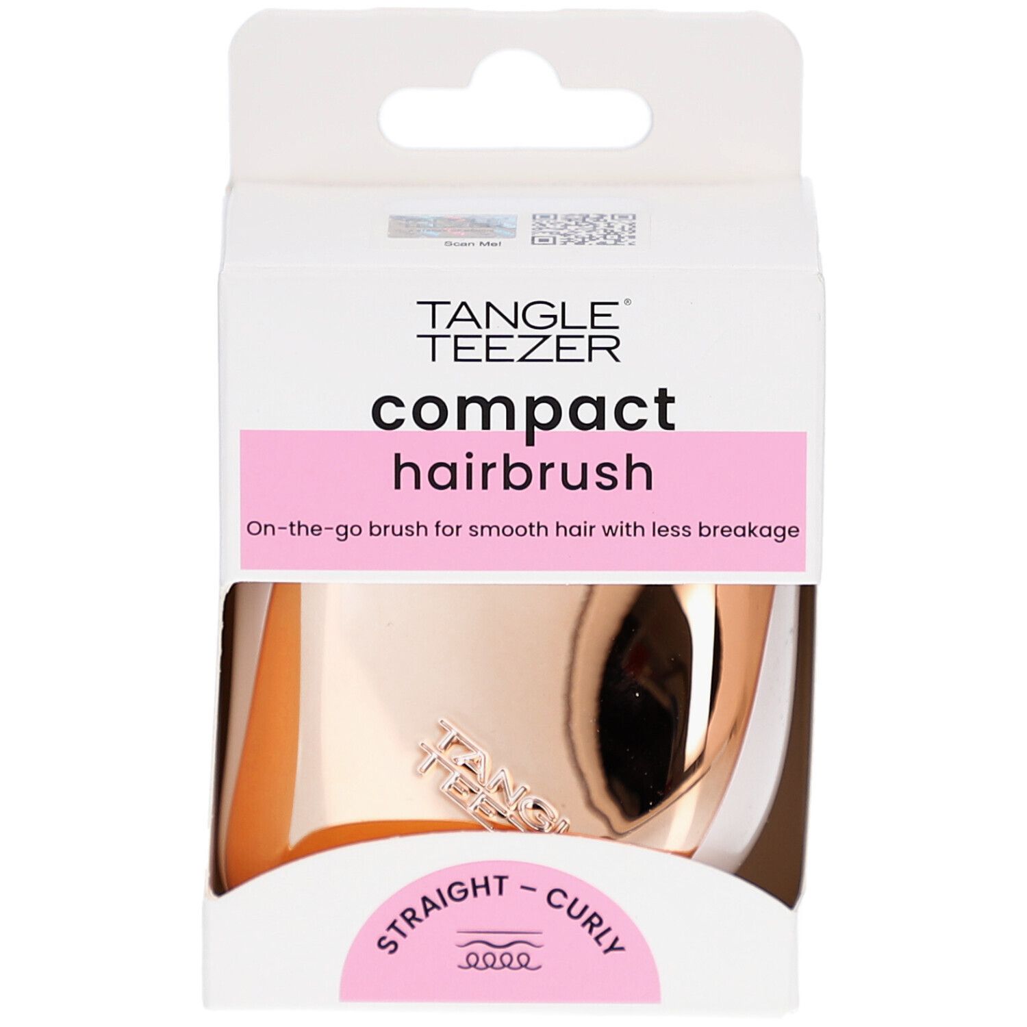 Kompakte Haarbürste in Verpackung. Marke TANGLE TEEZER. Rosa und goldfarben. Für glattes und lockiges Haar.