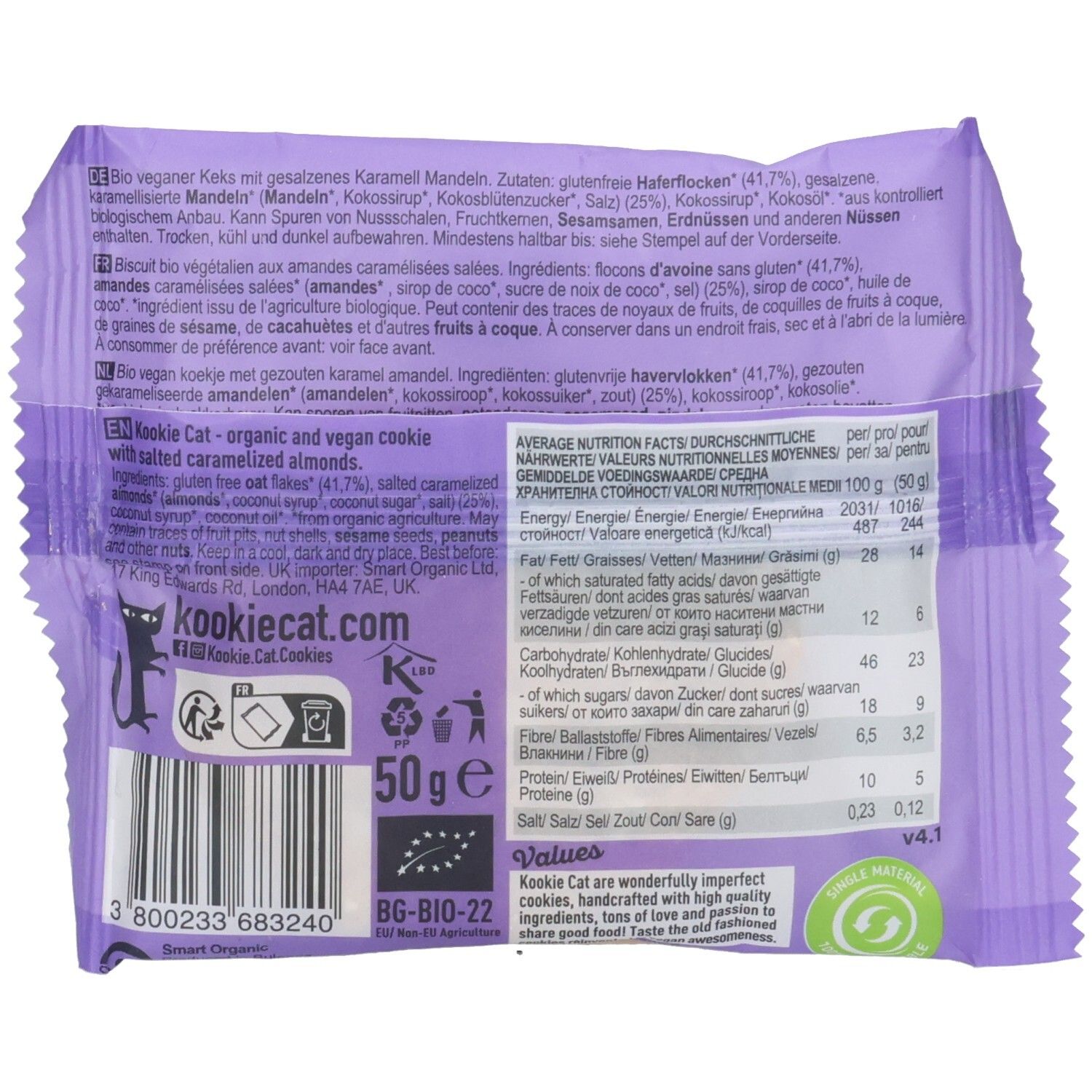Rückseite der Keksverpackung. Text mit Zutaten, Nährwertangaben und Herstellerinformationen. EU-Bio-Logo und 50g.