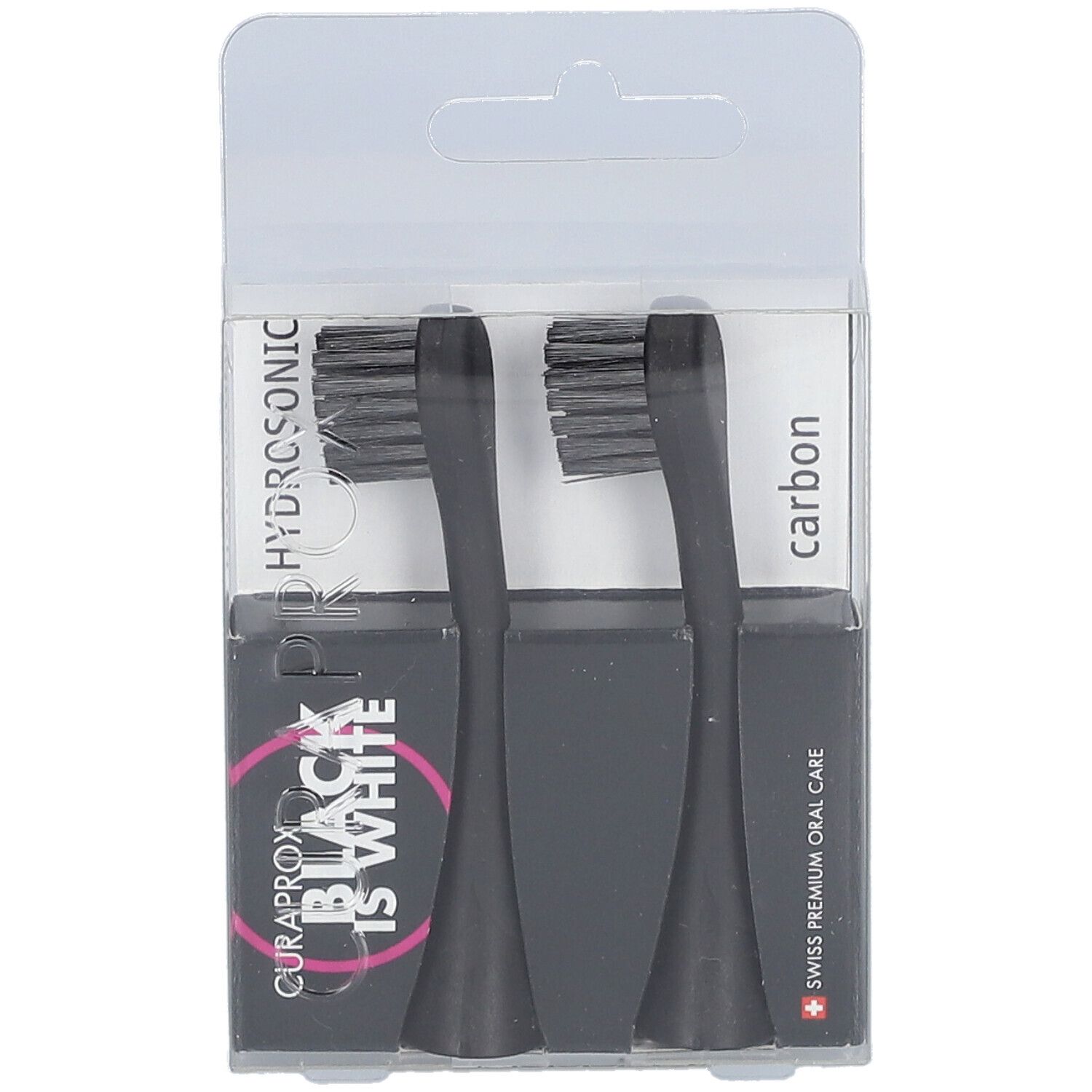 Zwei schwarze Bürstenköpfe in einer transparenten Verpackung. Auf der Verpackung steht "CURAPROX BLACK IS WHITE" und "HYDROSONIC".