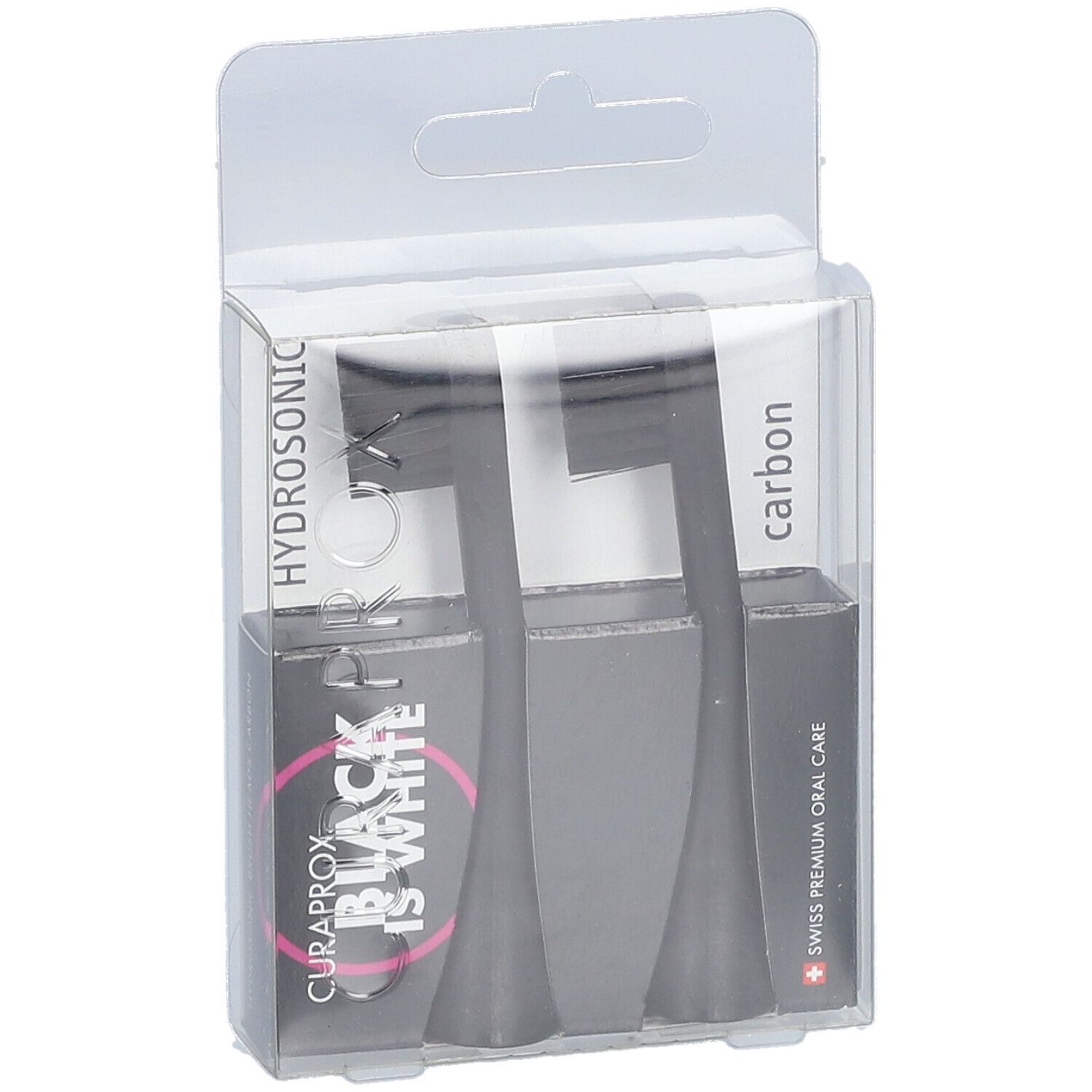 Zwei schwarze Bürstenköpfe in einer transparenten Verpackung. Auf der Verpackung steht "CURAPROX BLACK IS WHITE" und "HYDROSONIC".