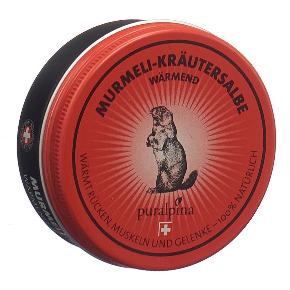 Runde Dose mit rotem Deckel. Aufschrift: Murmeli-Kräutersalbe wärmend. Abbildung eines Murmeltiers. Schweizer Kreuz.