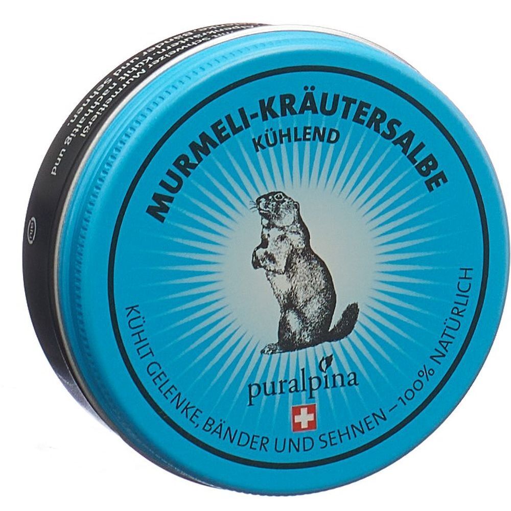 Runde Dose mit blauem Deckel. Aufschrift: Murmeli-Kräutersalbe, Murmeltier-Illustration, puralpina, Schweizer Kreuz. Kühlend.