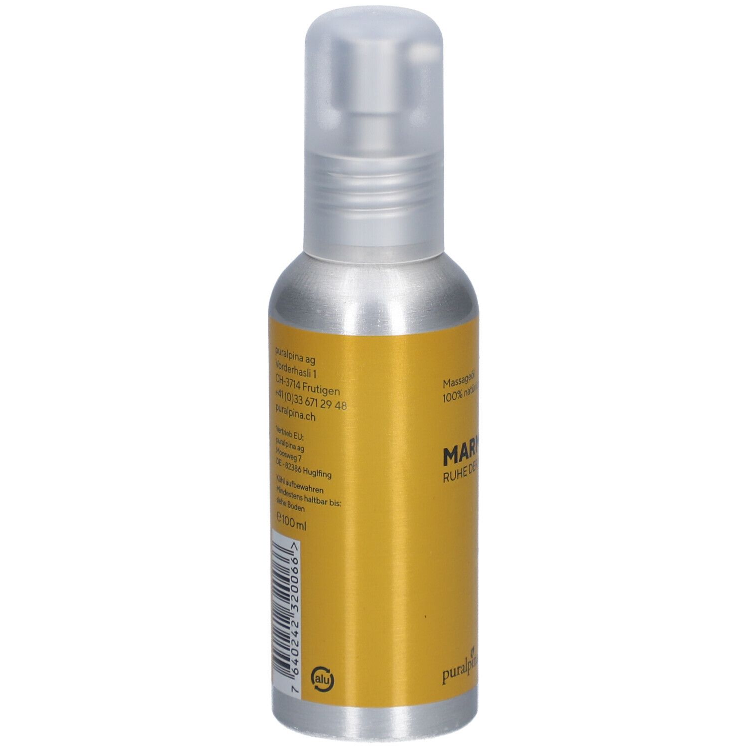 Rückansicht der silbernen Sprühflasche mit gelbem Etikett. Textinformationen und Barcode. Logo der Herstellerfirma.