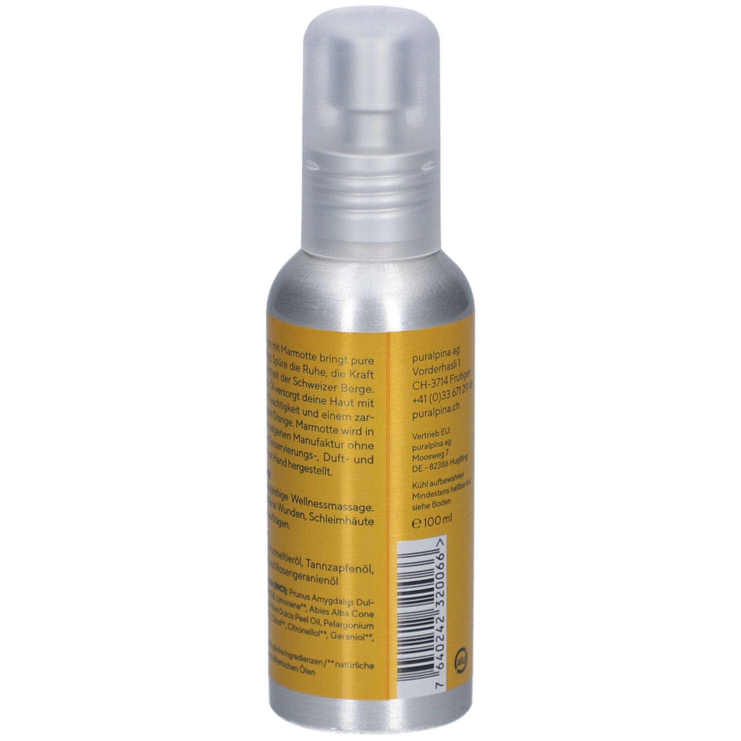 Rückansicht der silbernen Sprühflasche mit gelbem Etikett. Textinformationen, Inhaltsstoffe und Herstelleradresse.