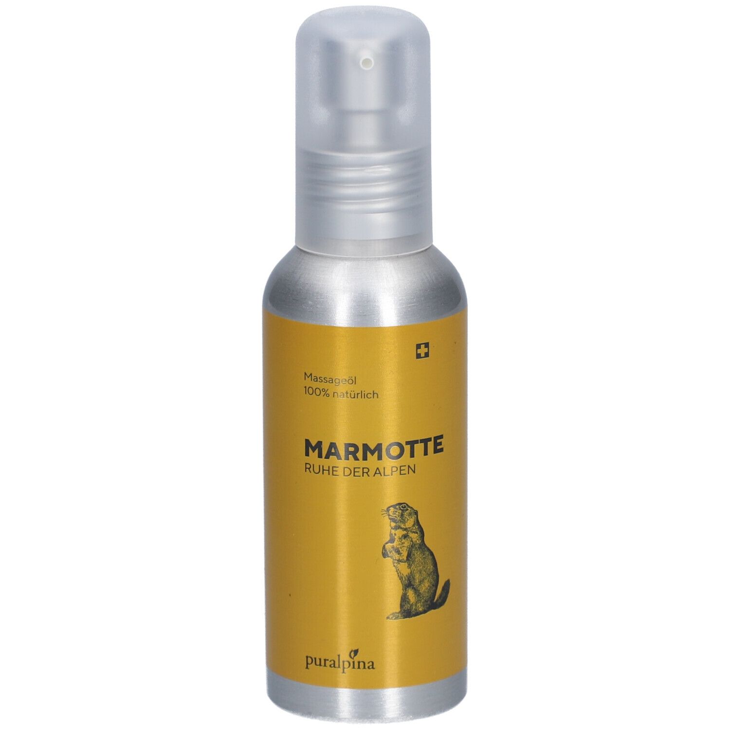 Silberne Sprühflasche mit gelbem Etikett. Aufschrift: MARMOTTE Ruhe der Alpen. Abbildung eines Murmeltiers. Schweizer Kreuz.