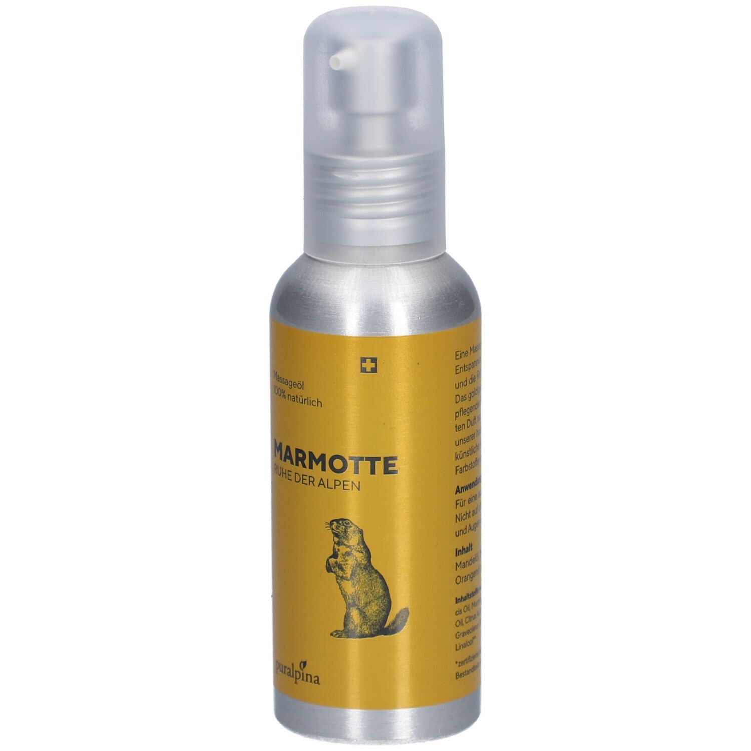 Silberne Sprühflasche mit gelbem Etikett. Aufschrift: MARMOTTE Ruhe der Alpen. Abbildung eines Murmeltiers. Schweizer Kreuz.