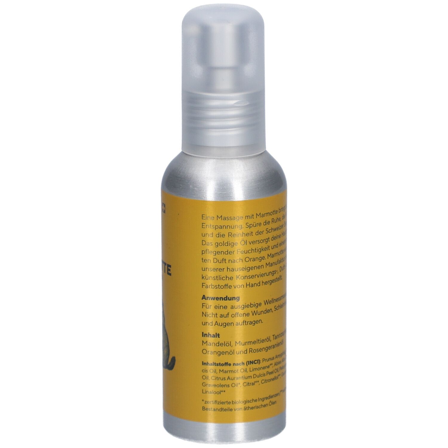 Silberne Sprühflasche mit gelbem Etikett. Textinformationen, Inhaltsstoffe und Anwendungshinweise. Abbildung Murmeltier.