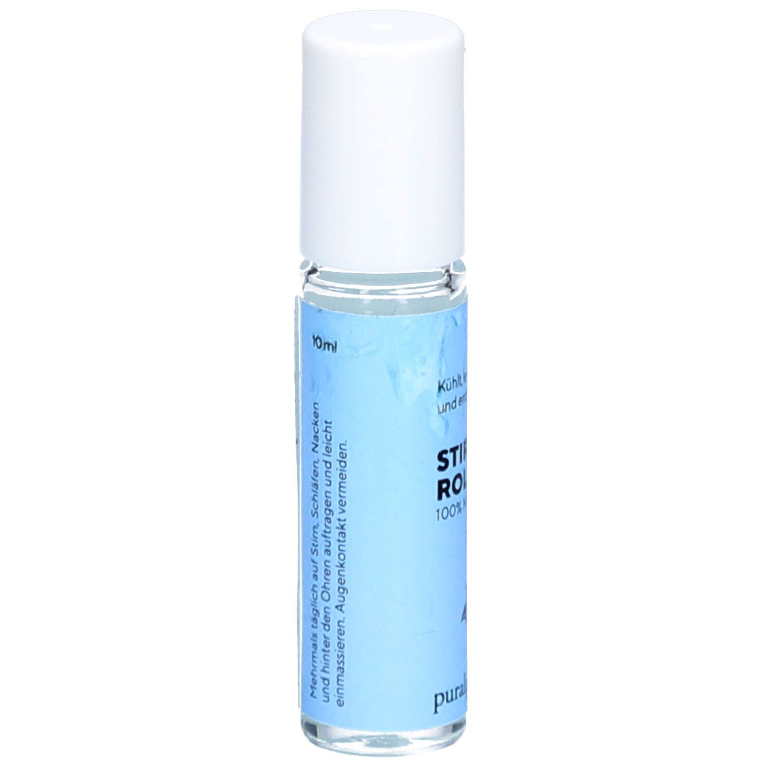 Kühlender Stirnroller mit weißem Deckel. Blaue Etikett mit Text und Logo. 10ml.