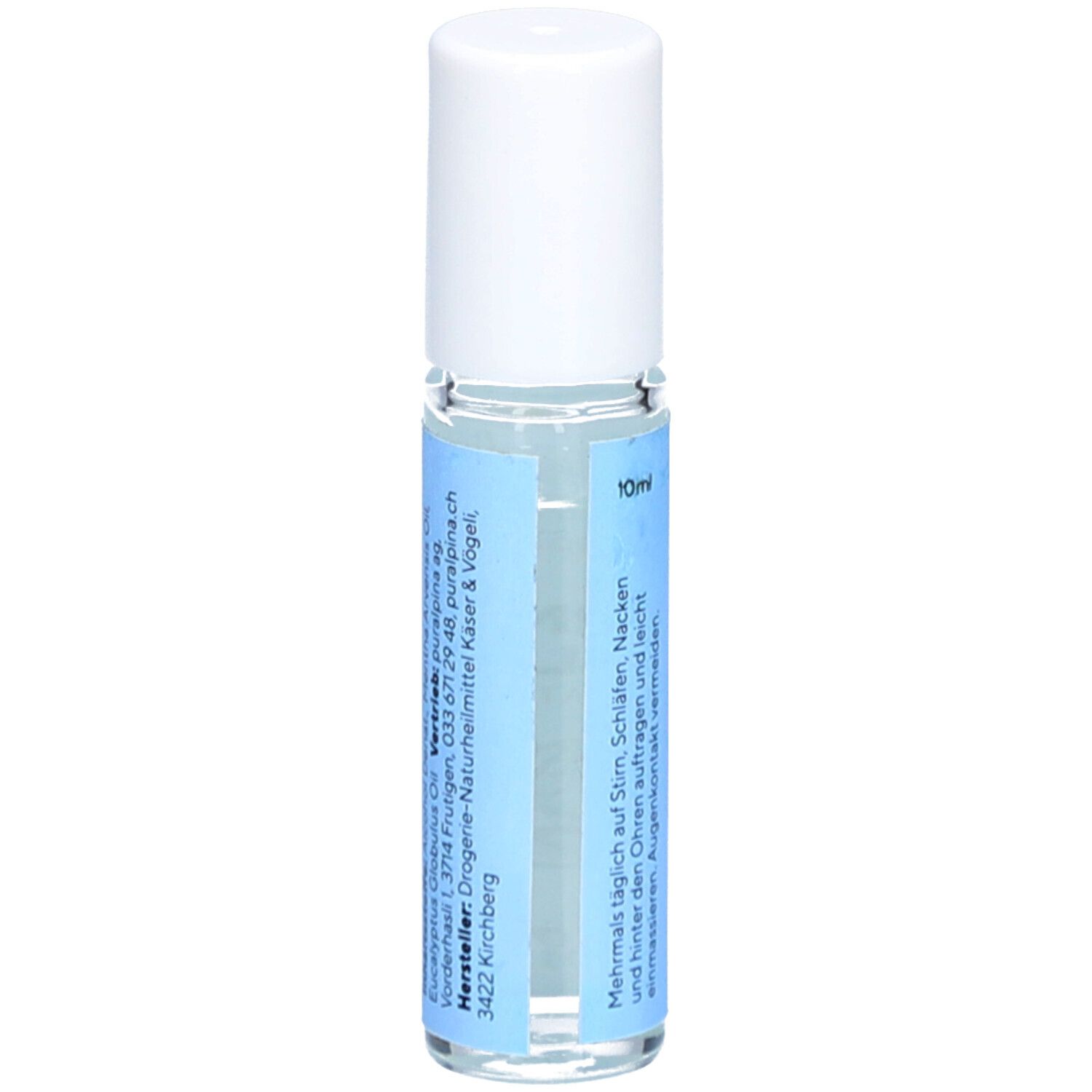 Kühlender Stirnroller mit weißem Deckel. Blaue Etikett mit Text und Logo. 10ml.