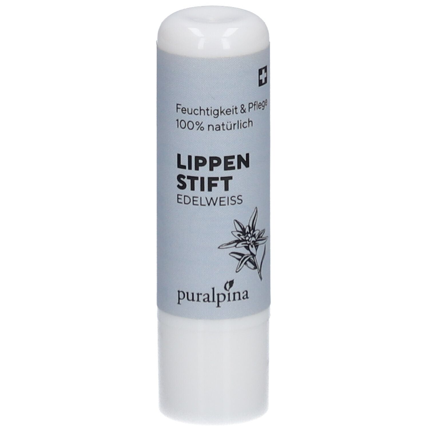 Lippenstift mit weißer Hülle und grauer Banderole. Text: Feuchtigkeit & Pflege, 100% natürlich, Lippenstift Edelweiss, puralpina.
