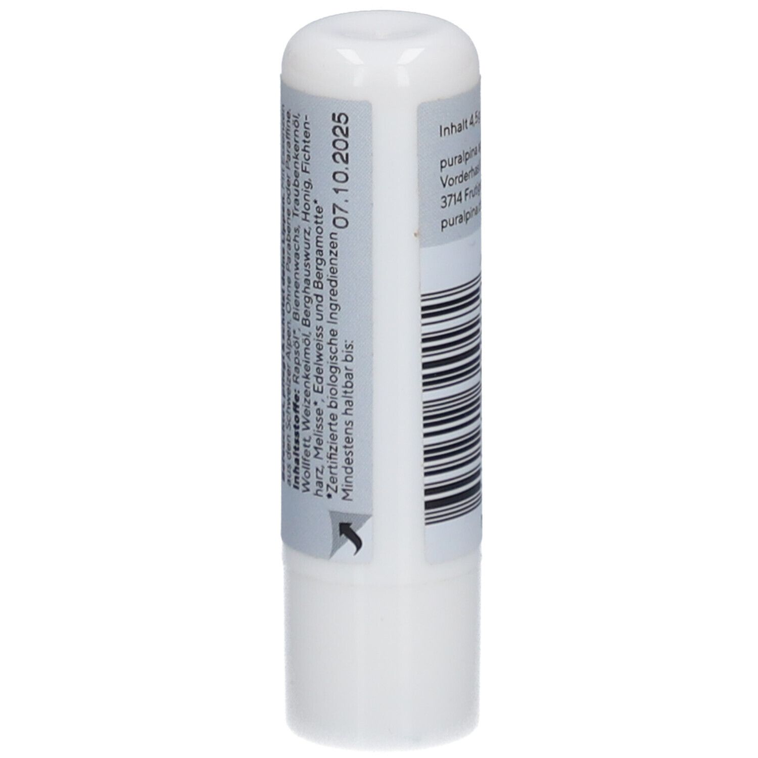 Lippenstift, Rückseite mit Inhaltsstoffen und Mindesthaltbarkeitsdatum 07.10.2025. Barcode.