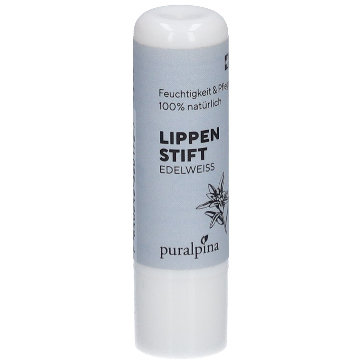 Lippenstift mit weißer Hülle und grauer Banderole. Text: Feuchtigkeit & Pflege, 100% natürlich, Lippenstift Edelweiss, puralpina.