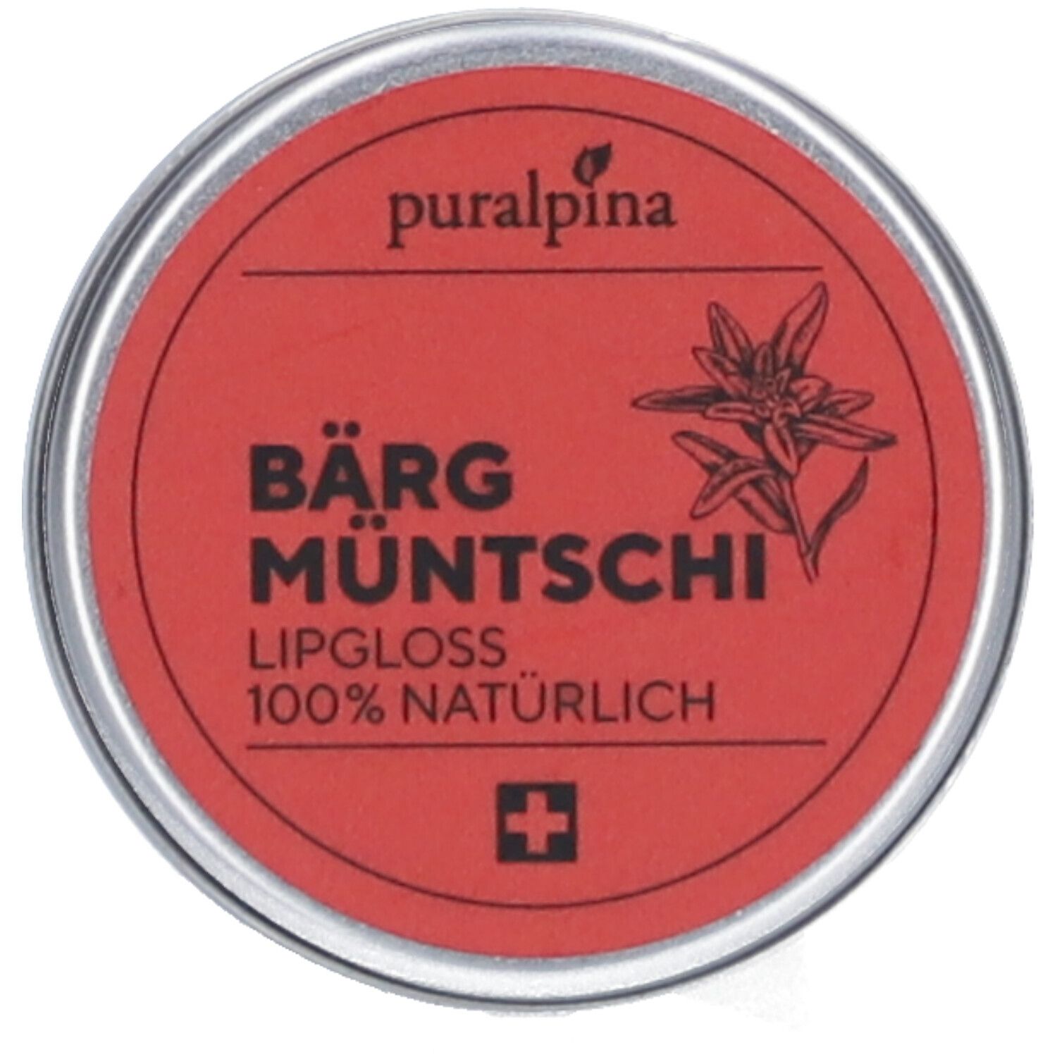 Runde Dose mit rotem Deckel. Aufschrift: Bärgmüntschi Lipgloss, 100% natürlich. Edelweiß-Blüte und Schweizer Kreuz.