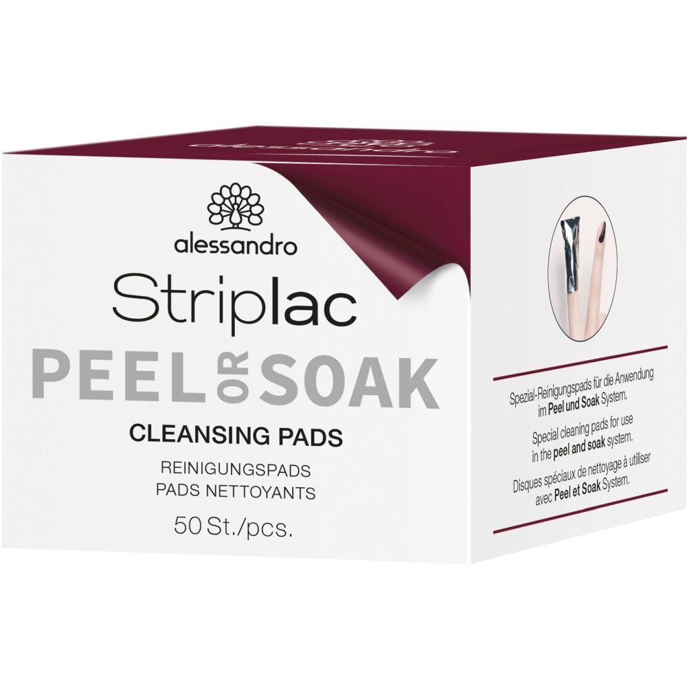 Weißer Karton mit "alessandro Striplac PEEL OR SOAK" und "CLEANSING PADS". 50 Stück. Abbildung von Pads.